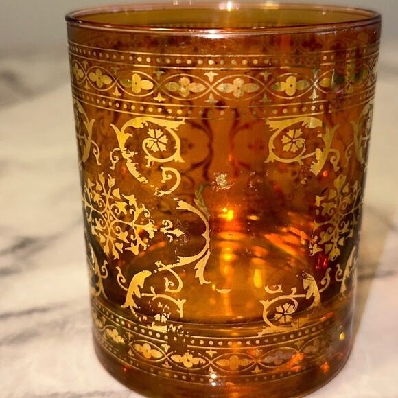 VINTAGE Gold Filigree Glass Candle Holder Moroccan Cup amber burnt Orange - Picture 9 of 10